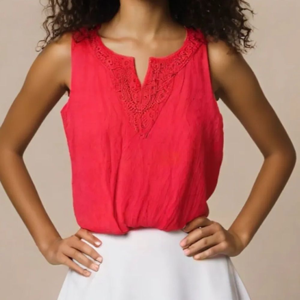 Woman Within lace embroidery tank top sleeveless shirt red coral plus size 34/36